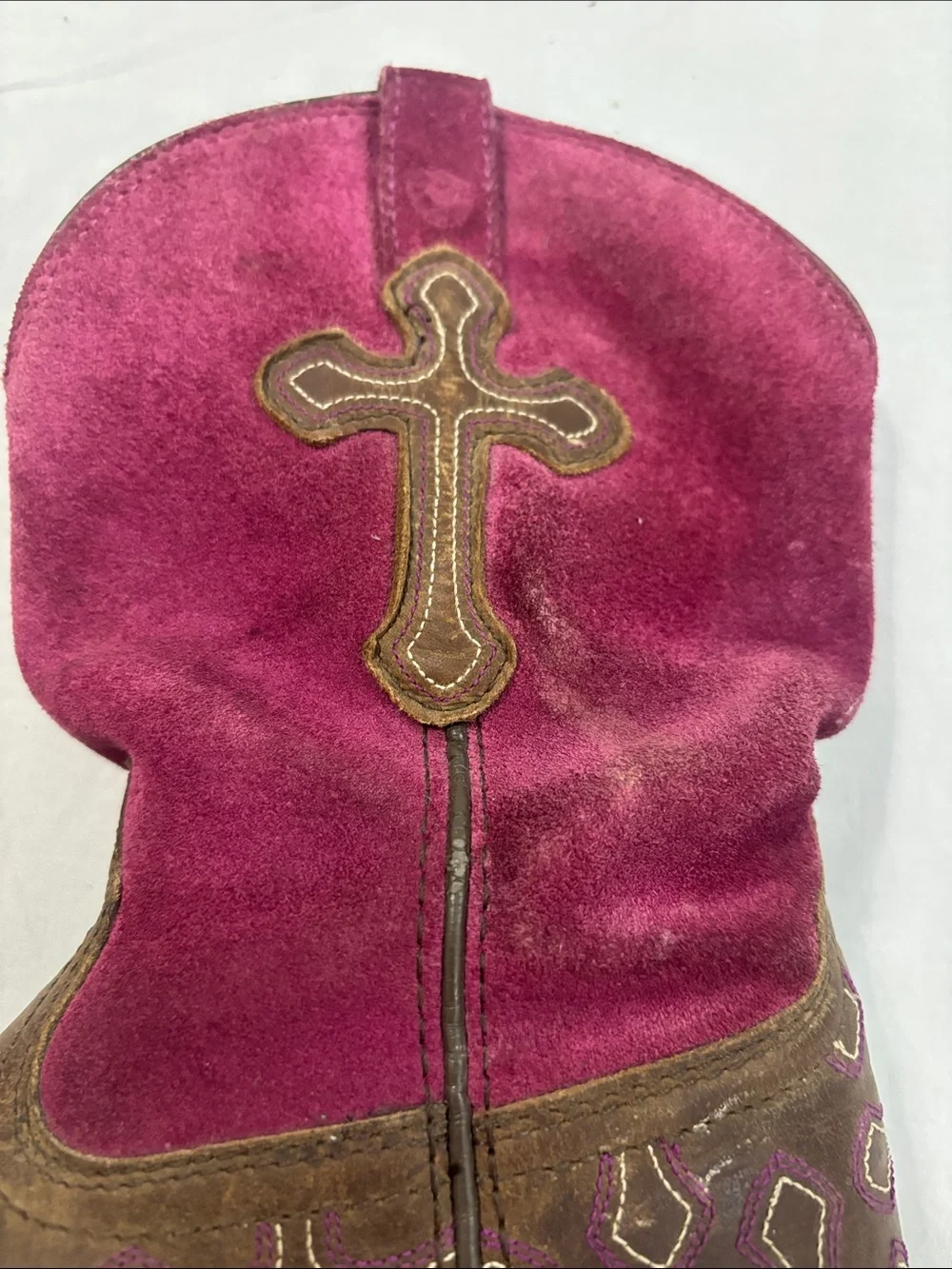 Ariat Girl’s Brown Leather and Magenta Suede Western Cowgirl Boots with Cross